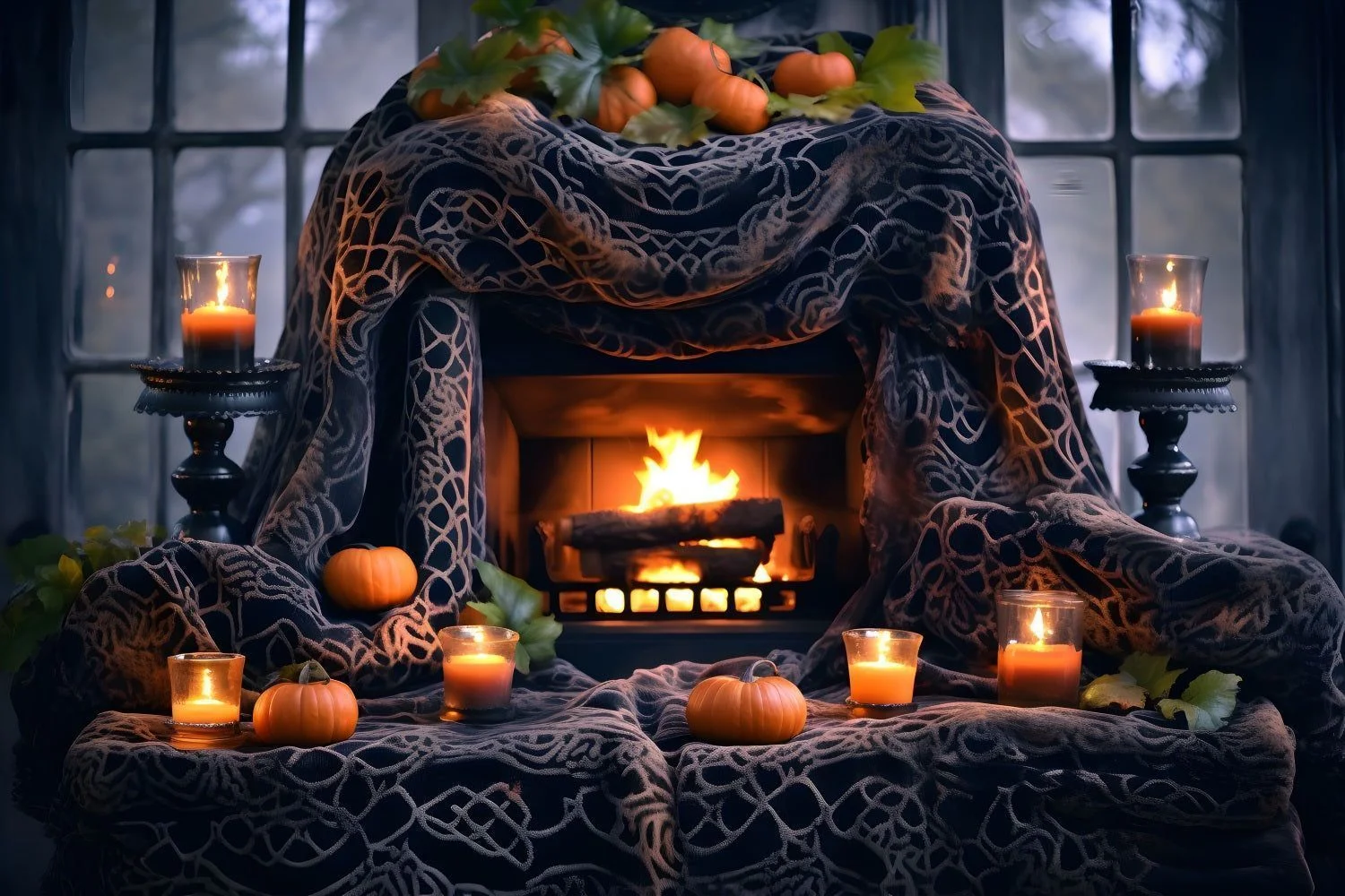 Lò sưởi trang trí mạng nhện đen, nến và bí ngô Halloween