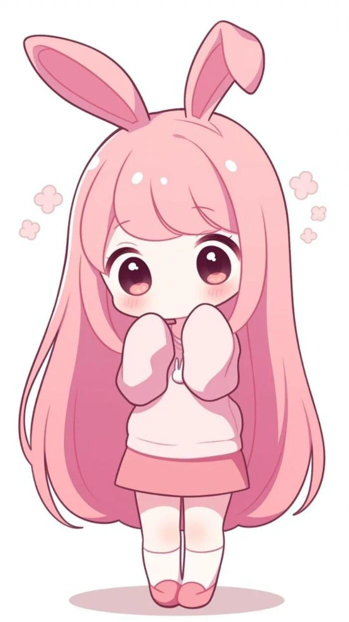 hình ảnh chibi nữ cute với đôi tai thỏ màu hồng dễ thương