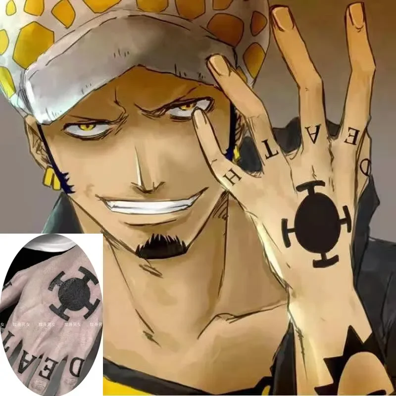 Tranh tô màu anime Trafalgar Law cận cảnh với mũ lông đốm và hình xăm DEATH trên bàn tay