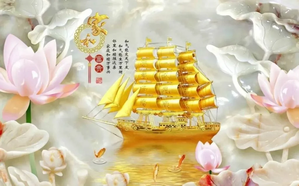 Mô hình thuyền buồm vàng và hoa sen biểu trưng cho hình ảnh may mắn và thành công