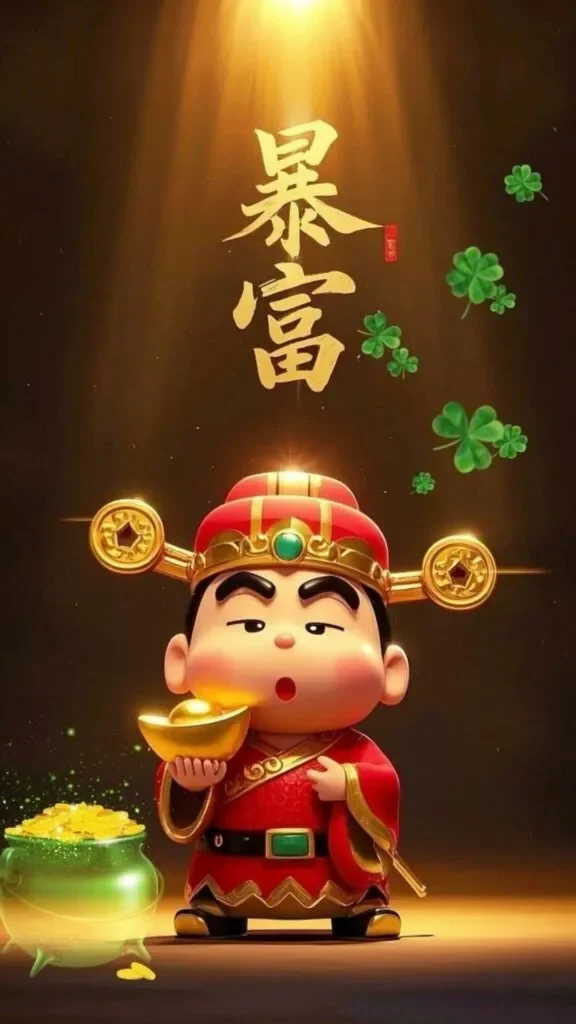 hình ảnh may mắn và thành công với Thần Tài chibi cầm thỏi vàng bên hũ vàng và cỏ bốn lá tượng trưng cho tài lộc bạo phú