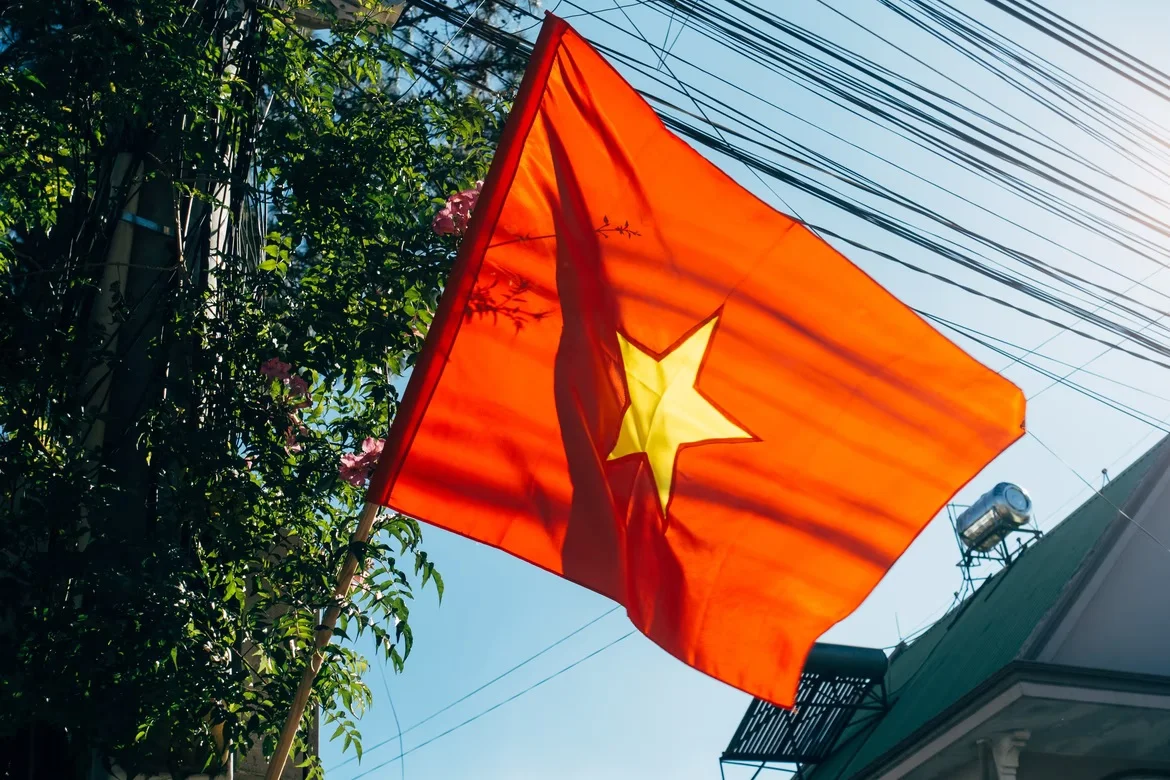 Ảnh cờ đỏ sao vàng treo giữa không gian cây cối và dây điện