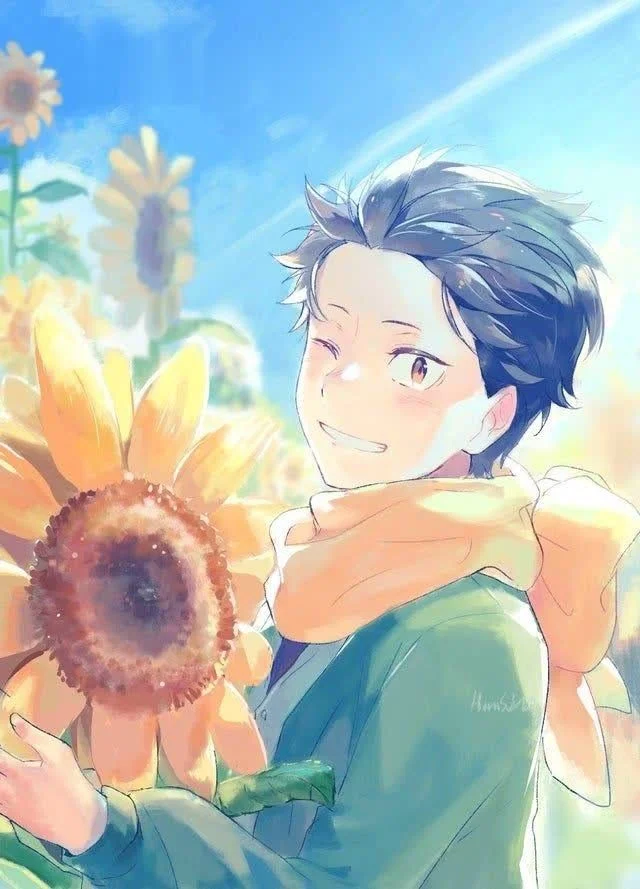 Tranh vẽ bảo vệ môi trường phong cách anime với cô bé mỉm cười cầm hoa hướng dương giữa khu vườn xanh