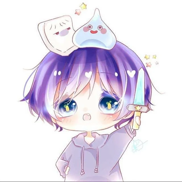 Hình ảnh anime cute bé gái tóc tím mắt xanh cầm dao đồ chơi đội slime