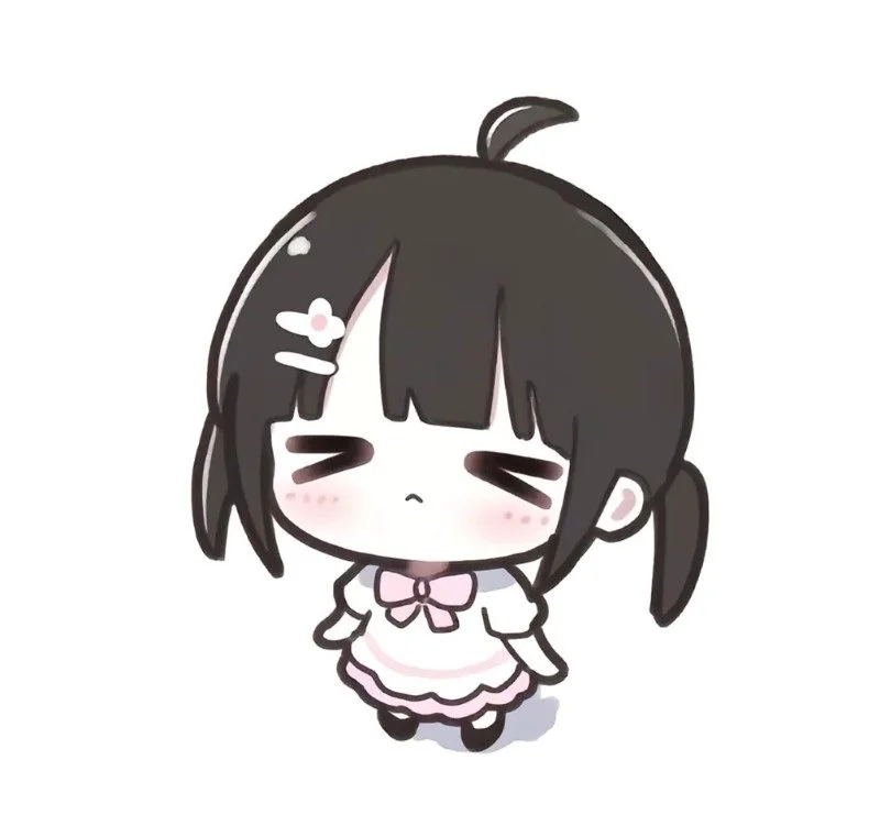 hình ảnh anime cute chibi bé gái tóc đen ngắn phồng má nhắm mắt đáng yêu