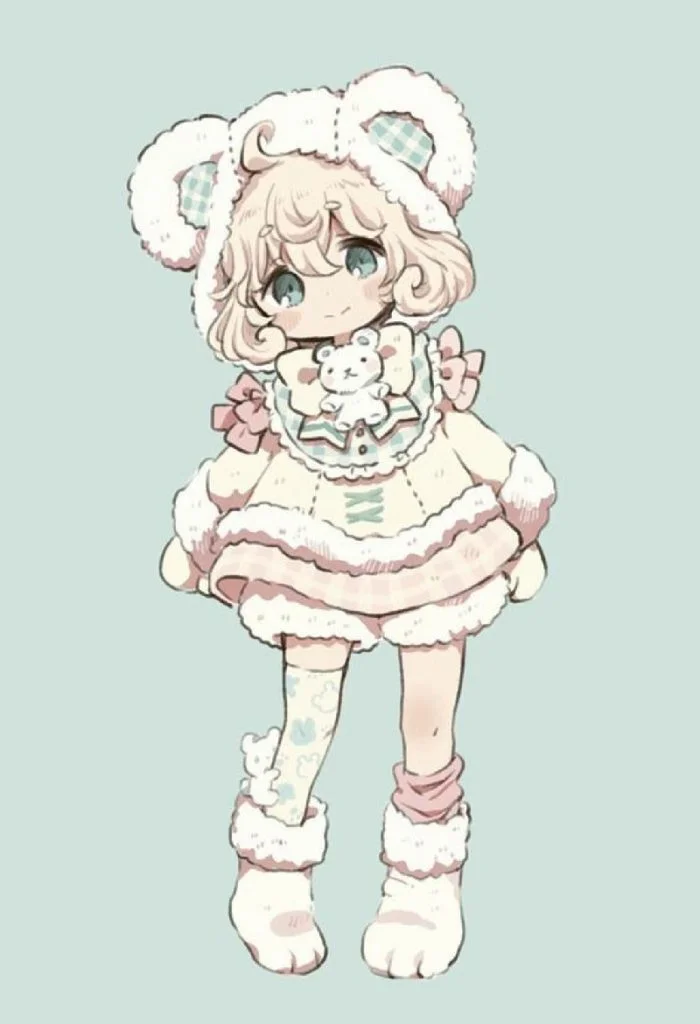 hình ảnh anime cute bé gái chibi tóc vàng mặc đồ gấu bông trắng lông xù dễ thương