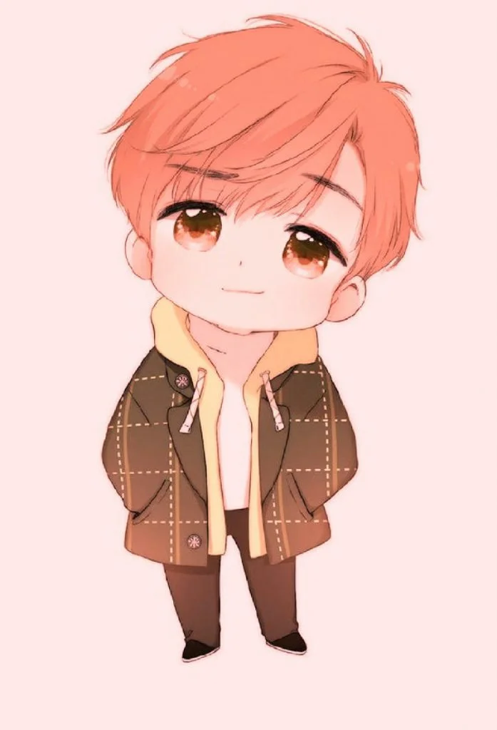 hình ảnh anime cute chibi bé trai tóc cam mặc áo khoác nâu phong cách dễ thương
