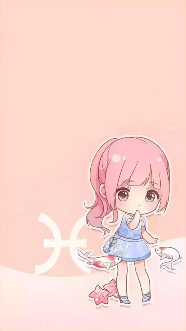 hình ảnh anime cute bé gái chibi tóc hồng cung Song Ngư mặc váy xanh trên nền hồng pastel