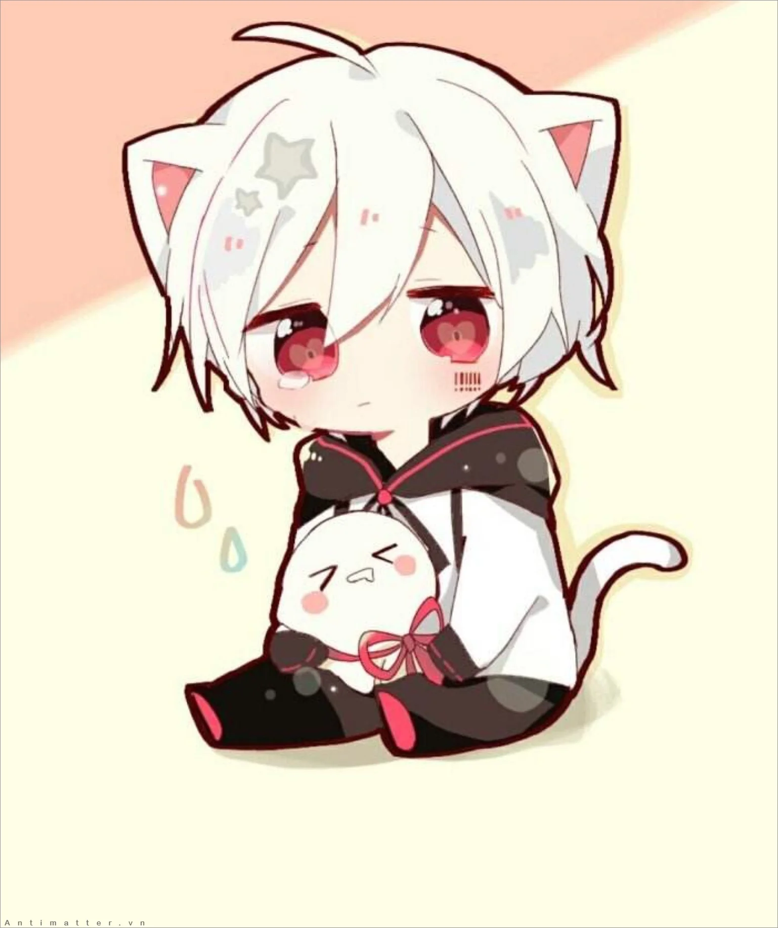 Hình ảnh anime cute cậu bé tai mèo tóc trắng ôm gối mèo ngủ