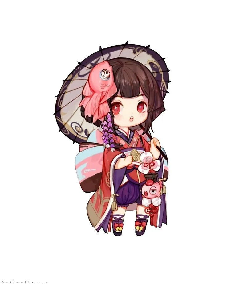 Hình ảnh anime cute bé gái mặc kimono cầm cá vàng đội nón lá