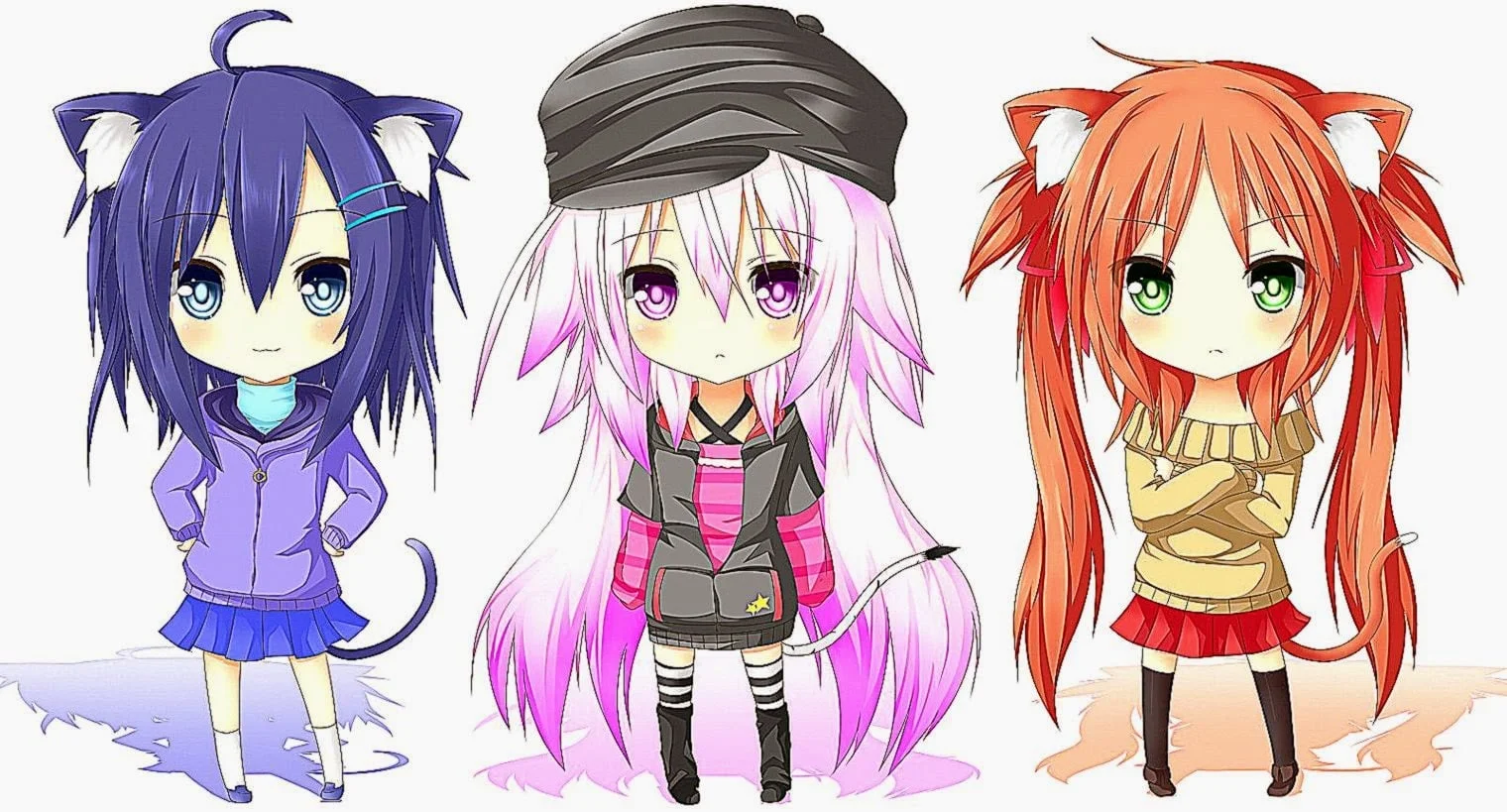 hình ảnh anime cute ba bé gái chibi tai mèo tóc xanh tím và đỏ đứng cạnh nhau