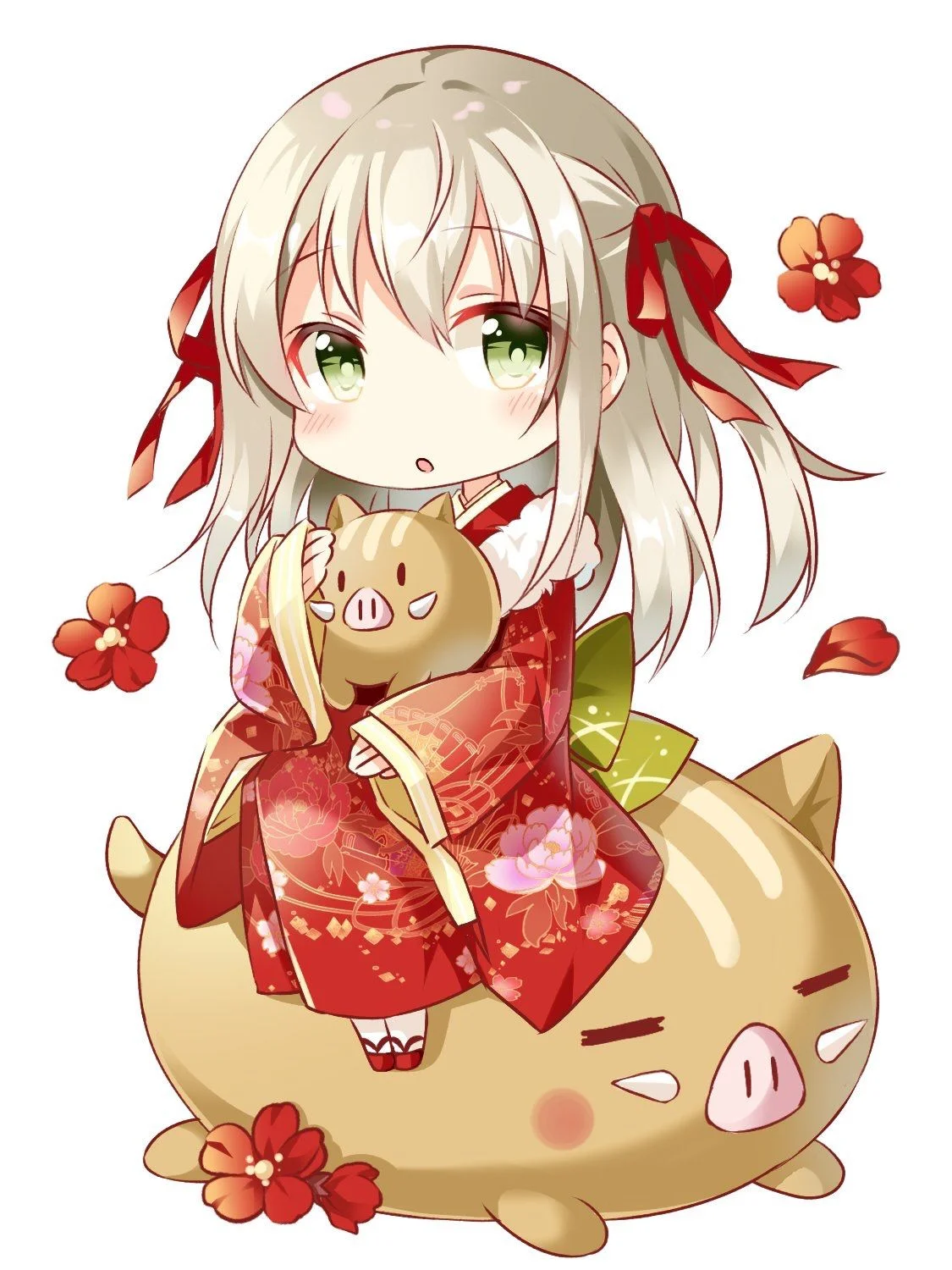 Hình ảnh anime cute bé gái tóc bạch kim mặc kimono đỏ cưỡi heo vàng