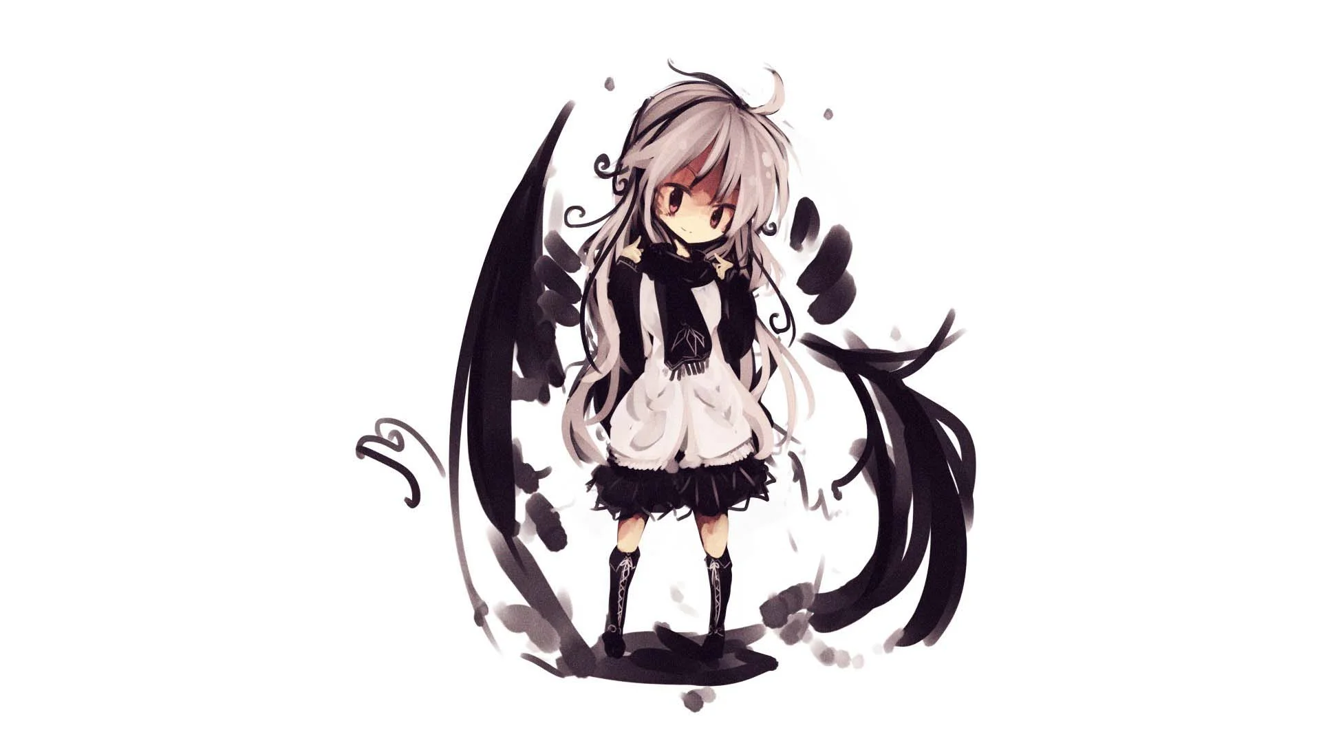 hình ảnh anime cute bé gái chibi tóc xám có cánh đen phong cách huyền bí dễ thương
