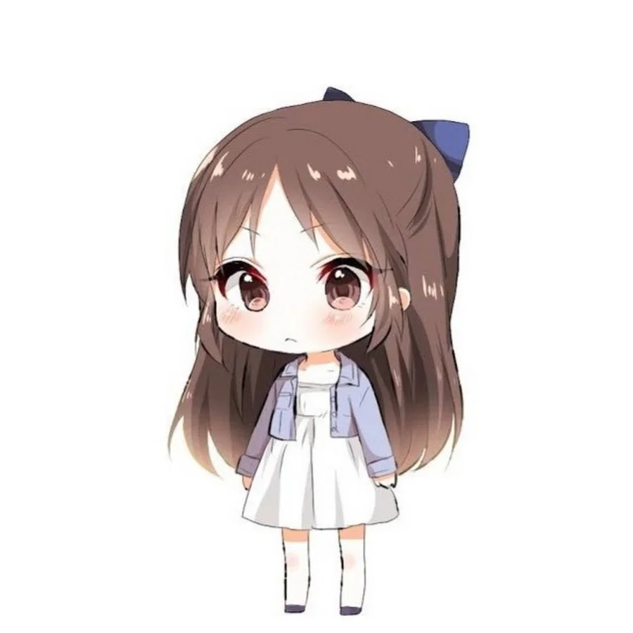 Hình ảnh anime cute bé gái chibi tóc nâu dài mặc váy trắng áo khoác xanh