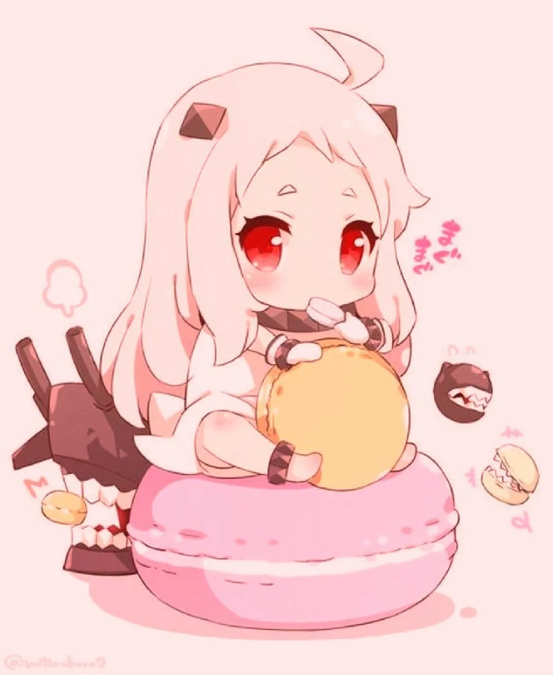 Hình ảnh anime cute bé gái tóc hồng mắt đỏ ôm bánh ngồi trên macaron hồng