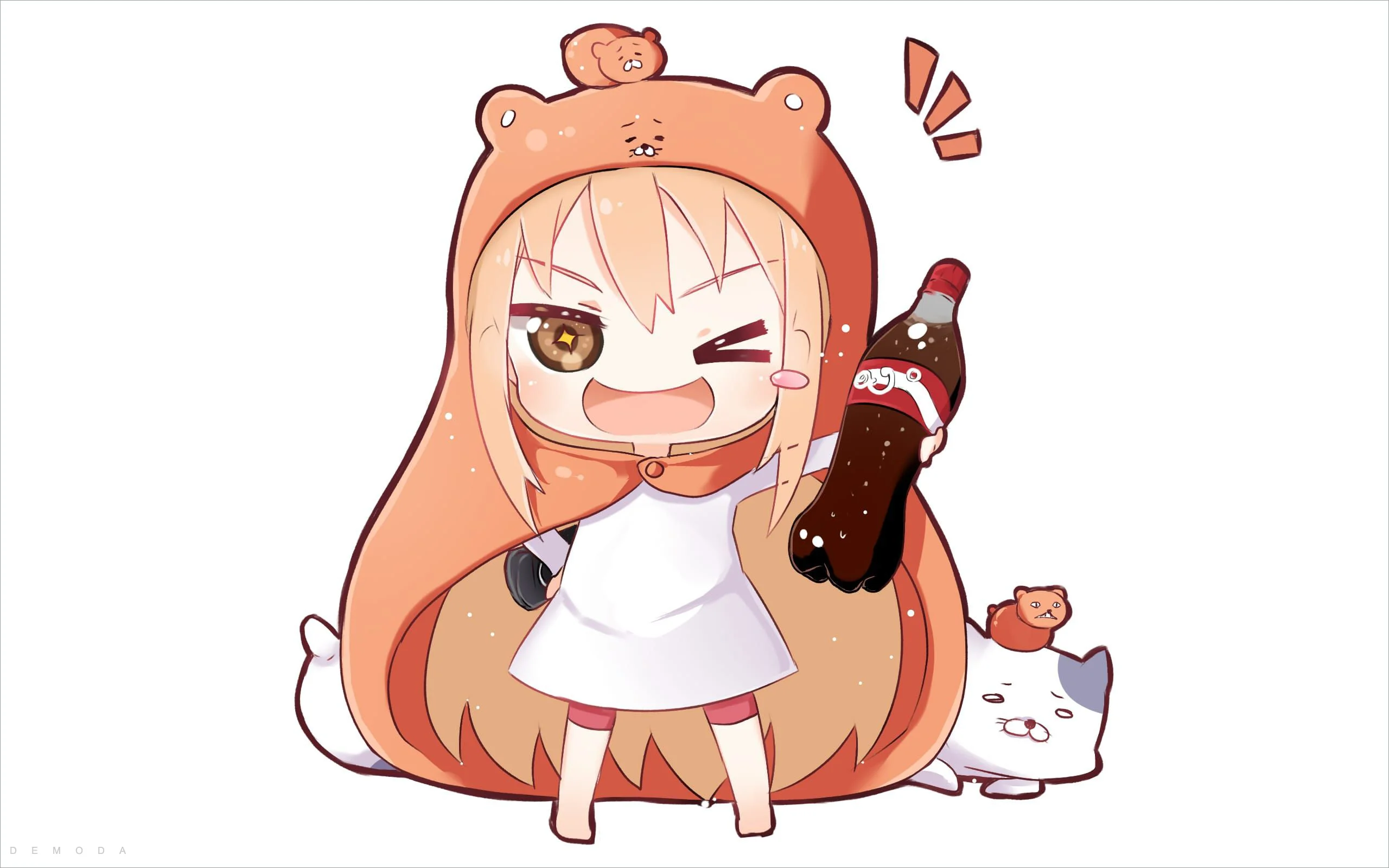 hình ảnh anime cute chibi bé gái tóc cam đội mũ gấu cầm chai cola nháy mắt tinh nghịch