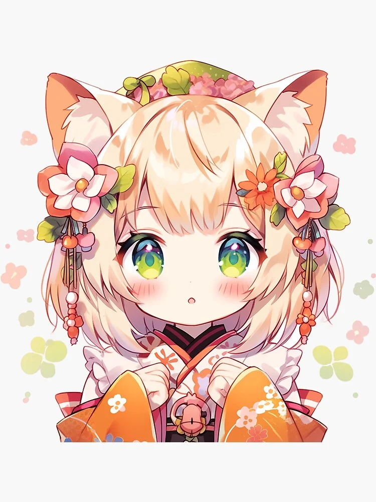 Hình ảnh anime cute bé gái tai mèo tóc vàng mắt xanh đội vòng hoa