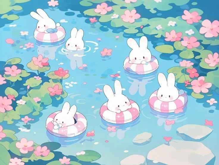 Hình nền iPad cute với những chú thỏ trắng nhỏ bơi trong hồ nước đầy hoa súng