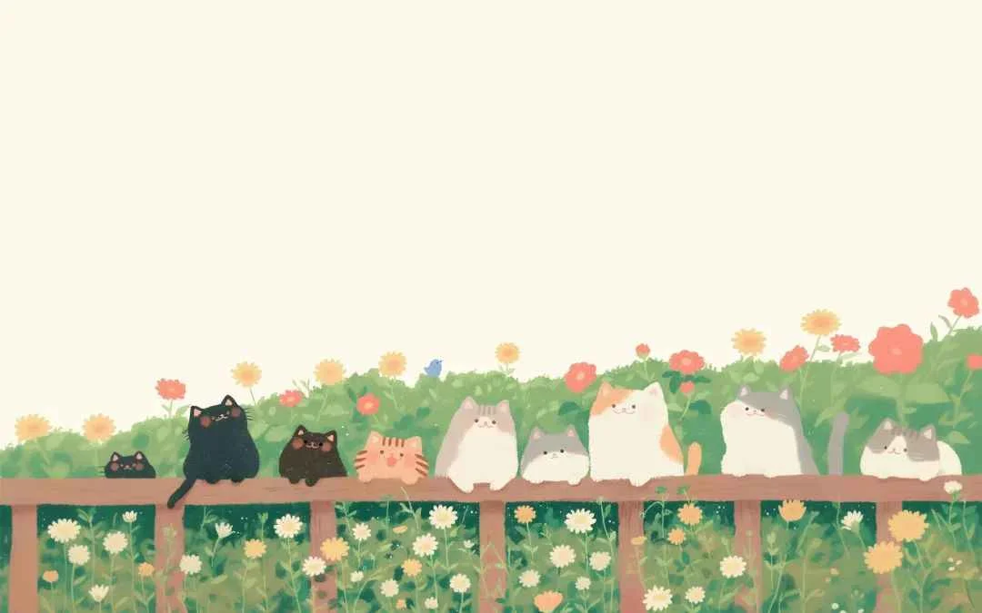 Hình nền iPad cute với những chú mèo dễ thương trên hàng rào hoa