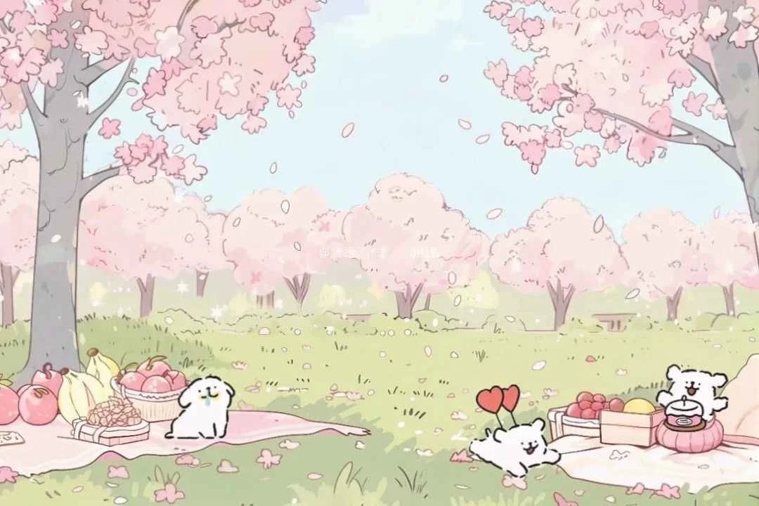 hình nền ipad cute với những chú chó nhỏ đáng yêu đi dã ngoại dưới vườn hoa anh đào