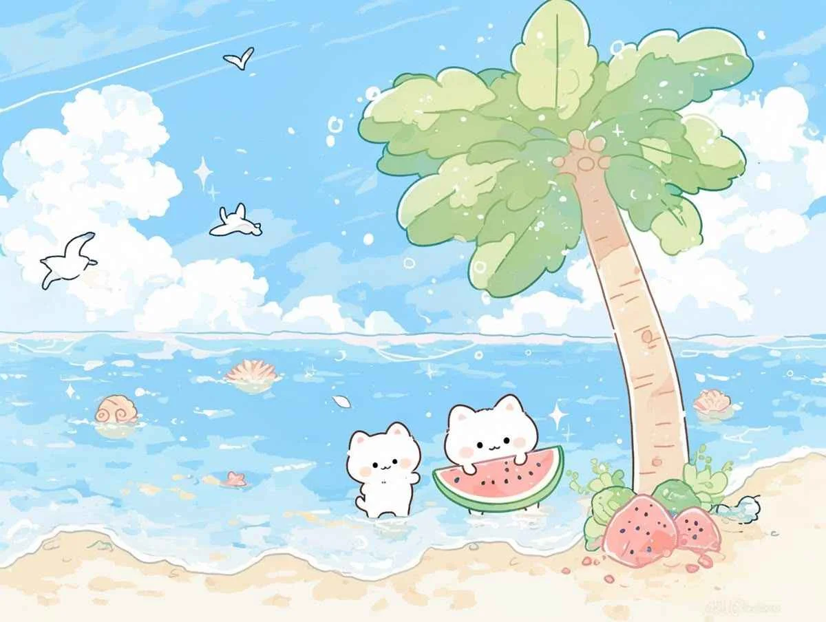 hình nền ipad cute với hình vẽ hai chú mèo dễ thương đang ăn dưa hấu trên bãi biển