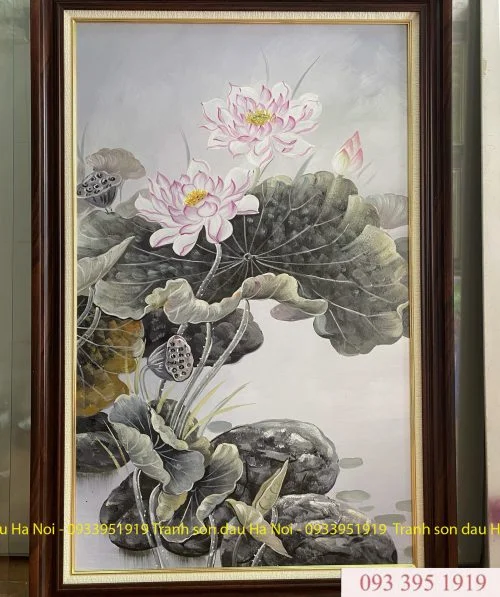 Tranh sơn dầu hoa sen khổ đứng – Tranh hoa sen khổ dọc đẹp