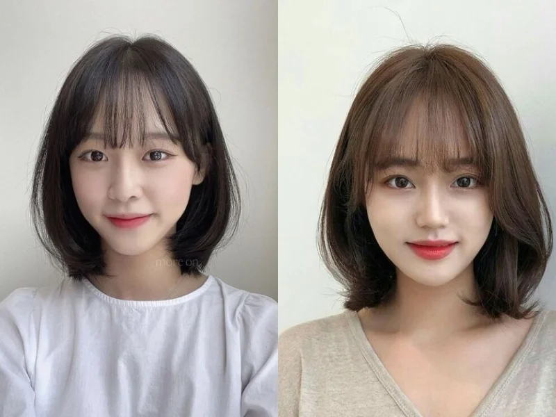 tóc ngắn ngang vai uốn cụp mái thưa