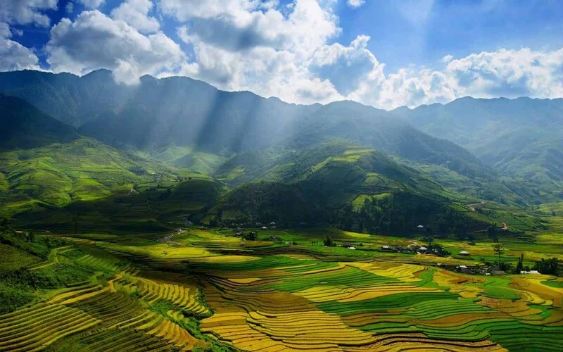 Ruộng bậc thang xanh mướt trải dài dưới dãy núi hùng vĩ