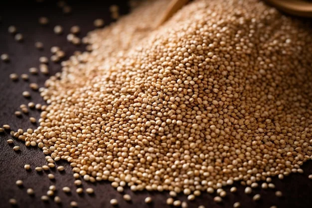 Hạt quinoa màu vàng rải trên nền đen