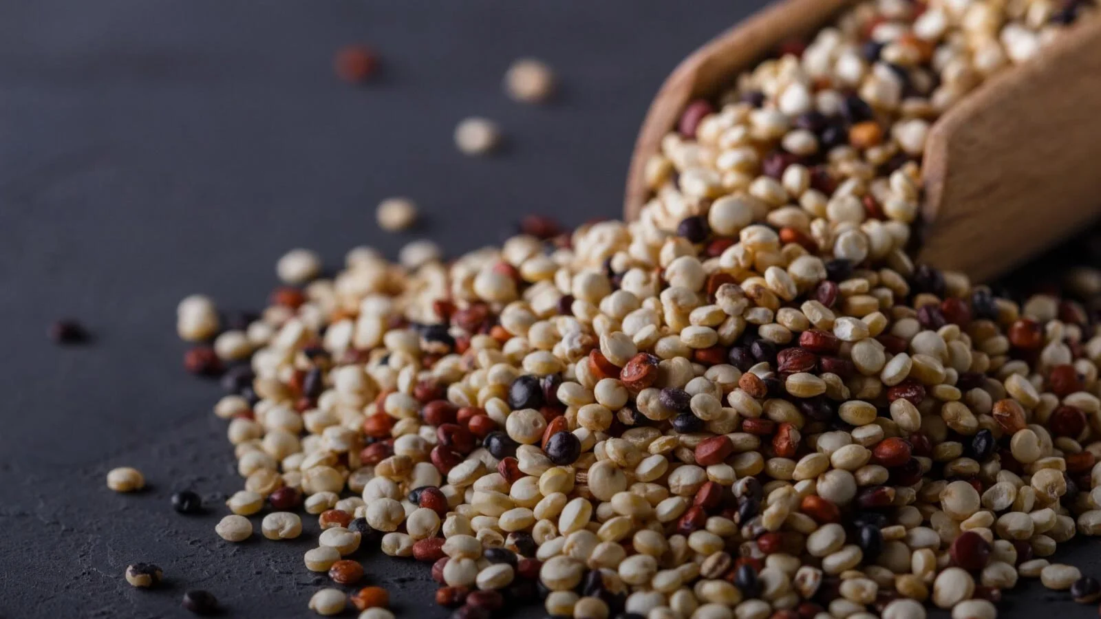 Quinoa nhiều màu đổ từ thìa gỗ trên nền đen