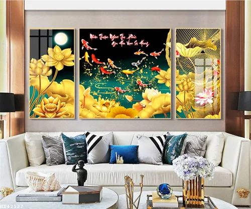 Tranh cá chép hoa sen vàng phong thủy