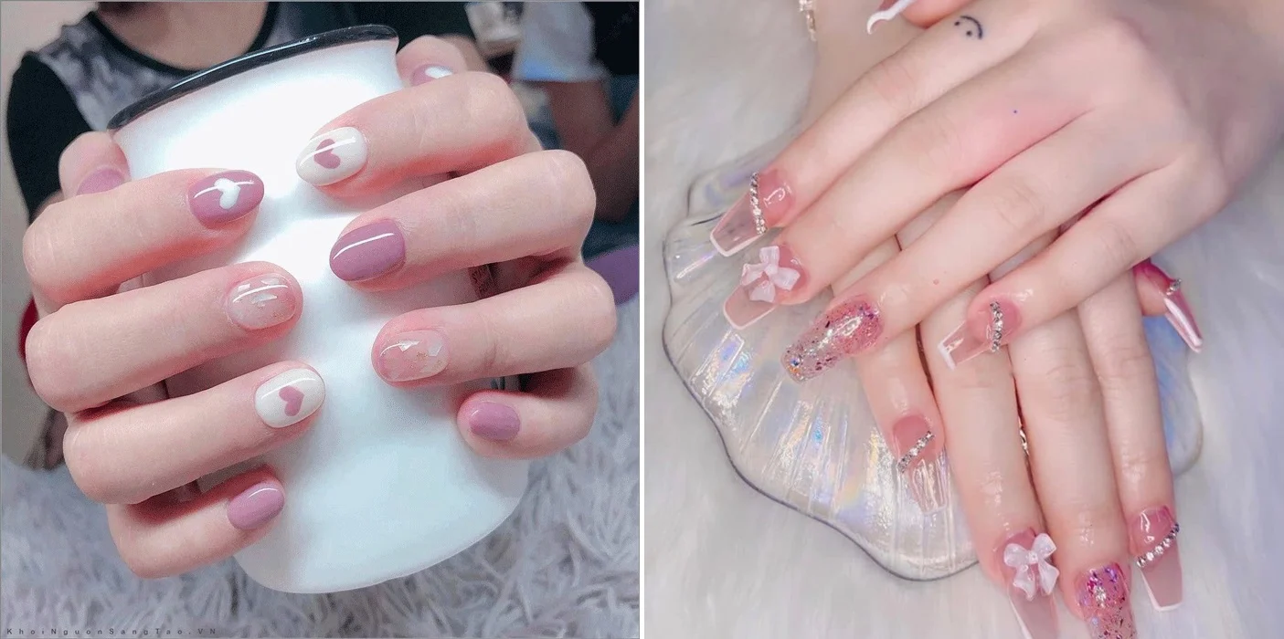 Nail hồng pastel vẽ hoa đính đá, mẫu nail đơn giản sang trọng
