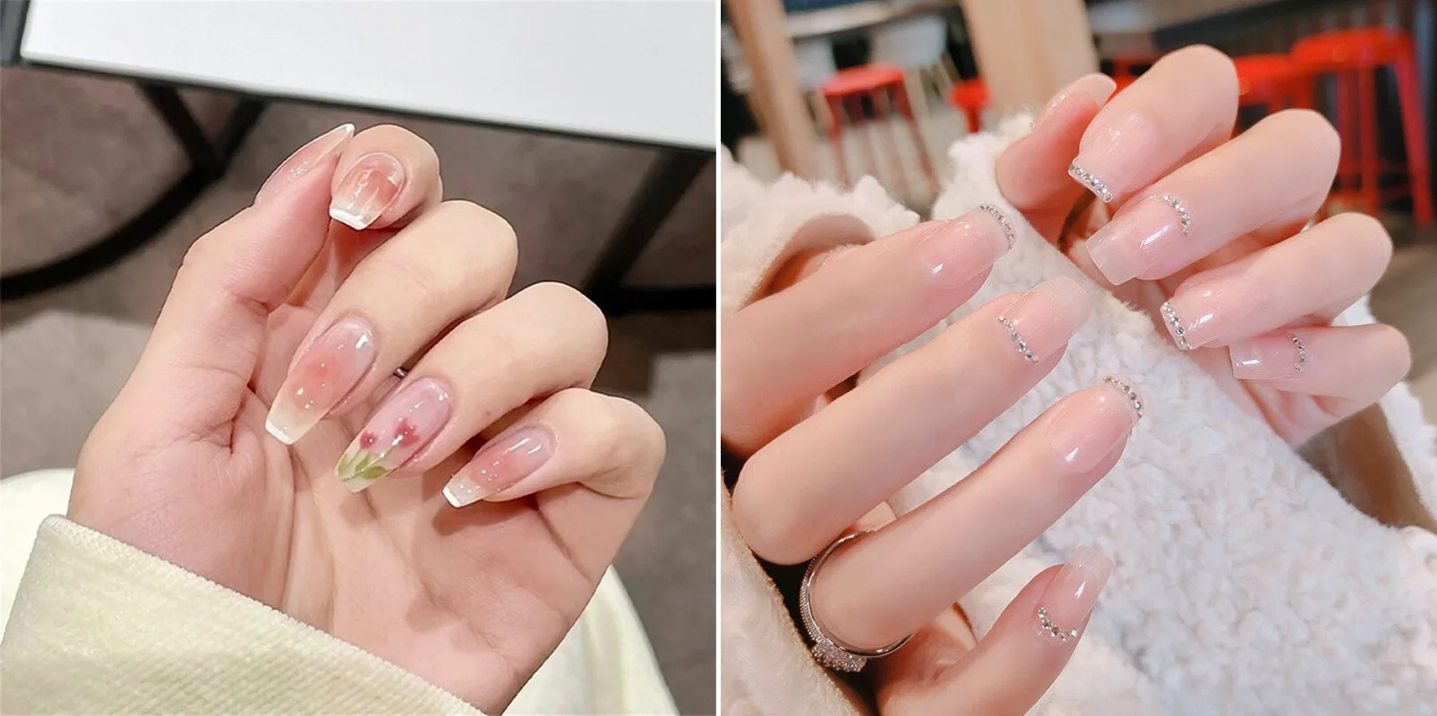 Nail tông hồng nude đính đá lấp lánh, mẫu nail đơn giản sang trọng
