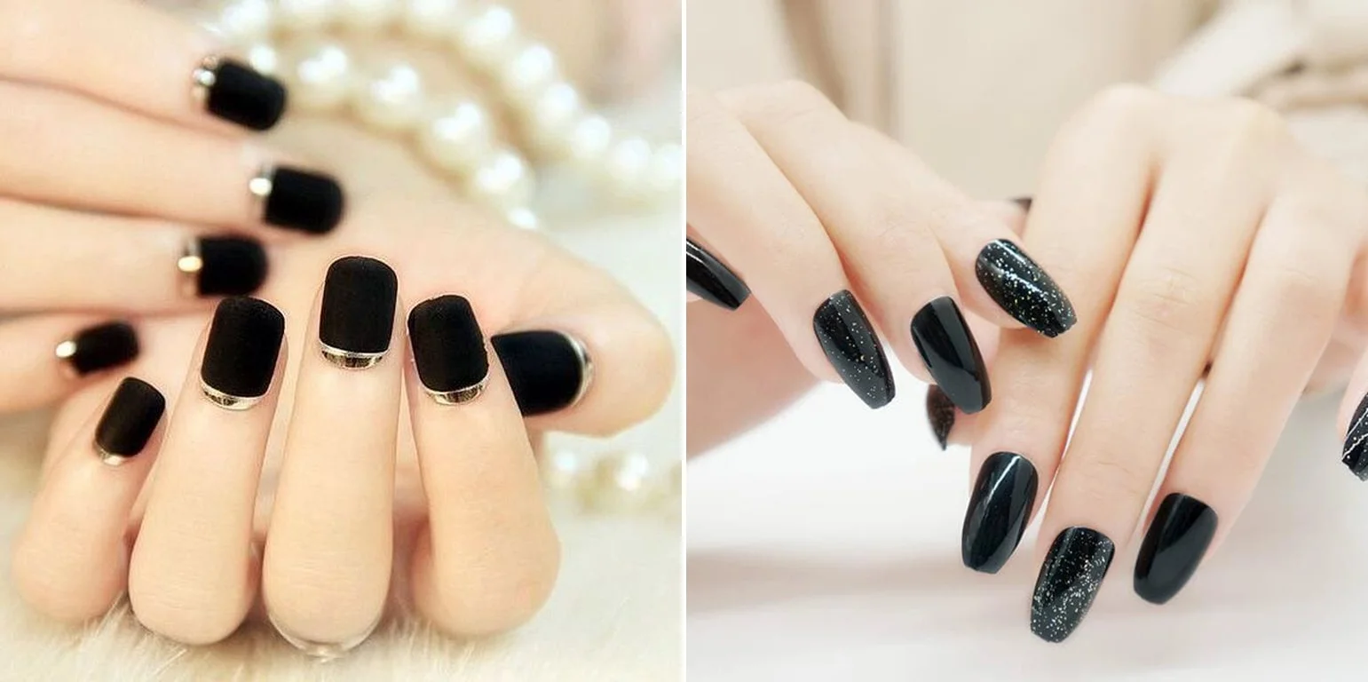 Nail đen đính đá sang trọng trên nền hồng nude