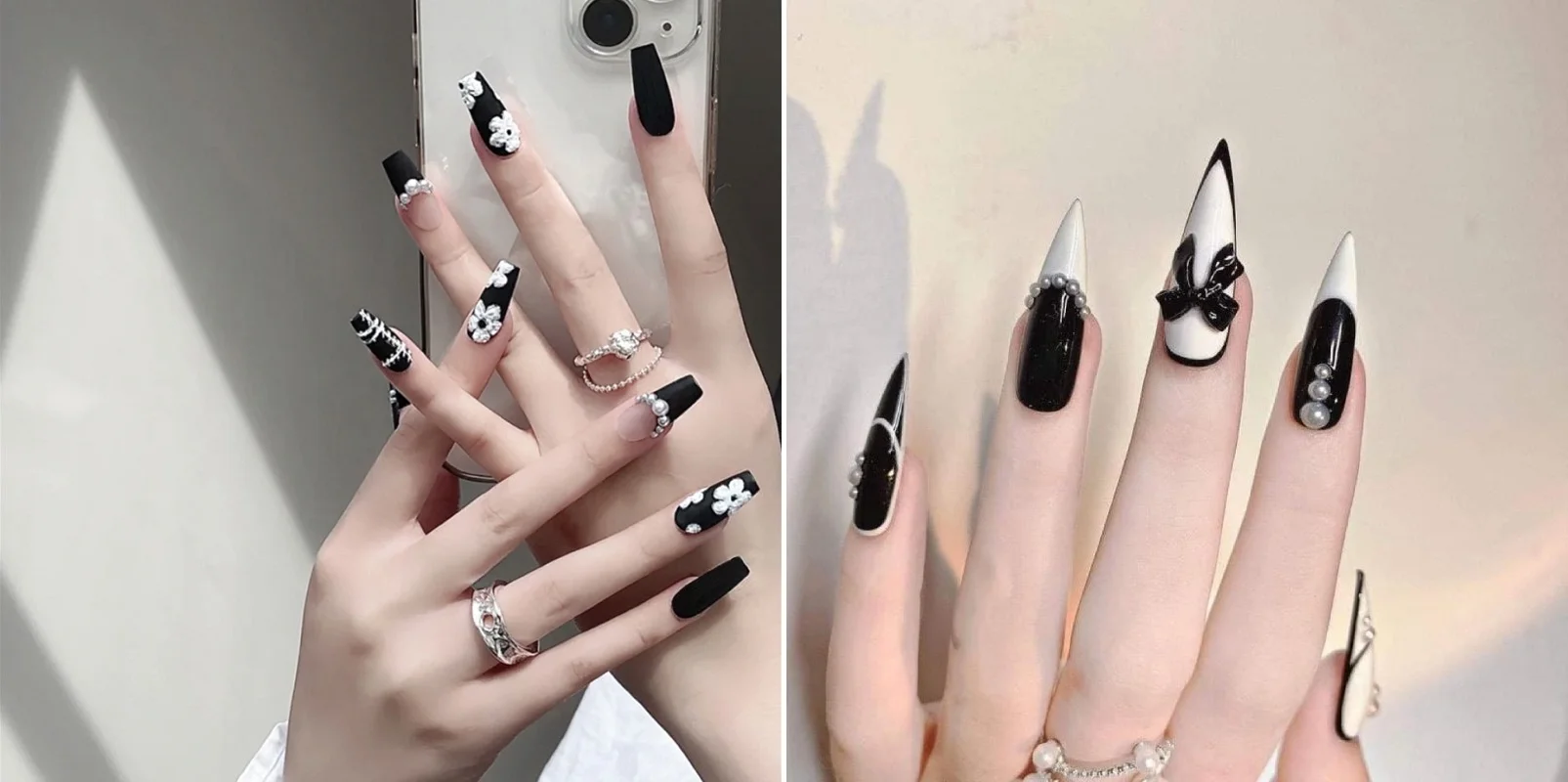 Mẫu nail sang trọng đen trắng với nơ và đá đính đuôi nhọn