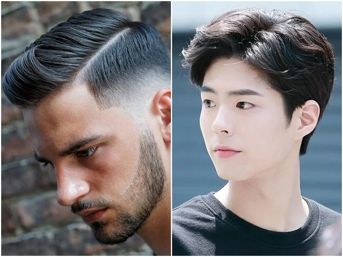 Hai kiểu tóc nam đẹp gồm side part fade vuốt bóng và tóc rẽ ngôi tự nhiên