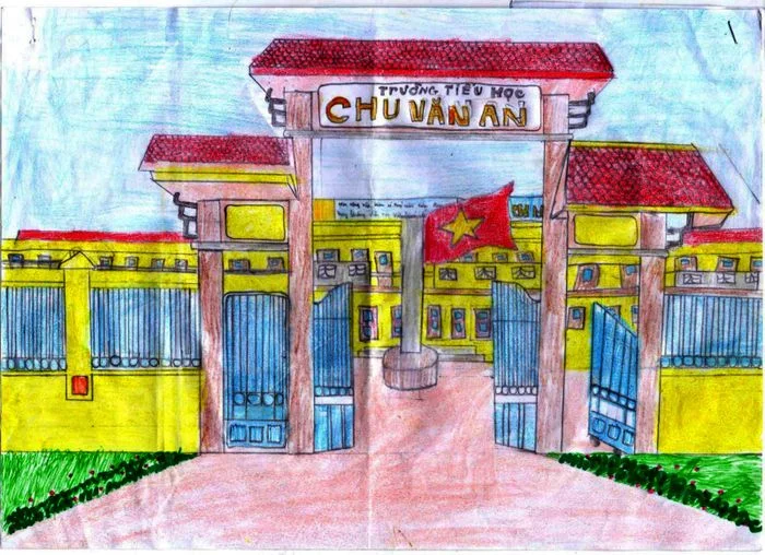 Bức tranh vẽ tay hình ảnh trường tiểu học Chu Văn An với lá cờ đỏ sao vàng