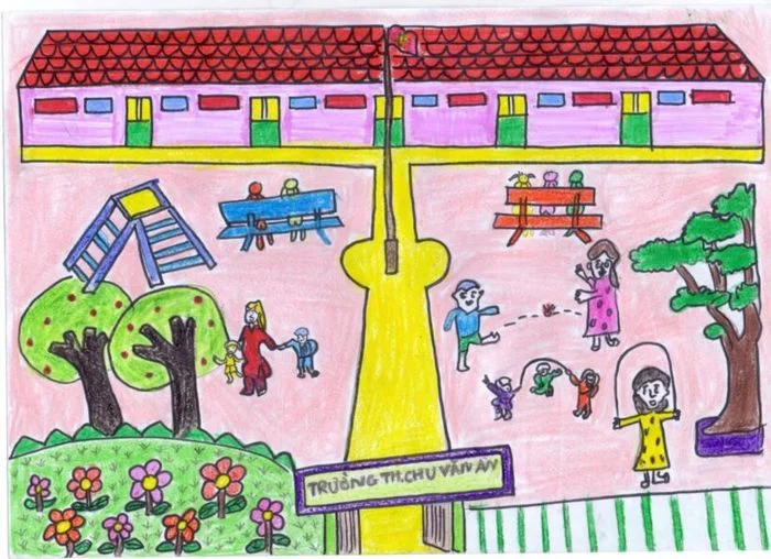 Tranh vẽ tay sinh động về hình ảnh trường tiểu học với học sinh đang vui chơi