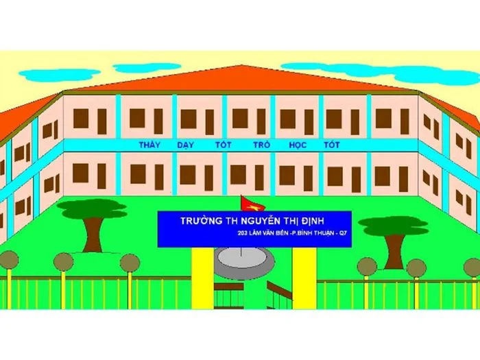 Hình ảnh trường tiểu học Nguyễn Thị Định với phong cách hoạt hình đầy màu sắc