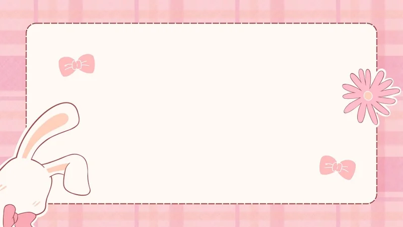 hình nền ppt dễ thương phong cách kawaii nền hồng kẻ caro có thỏ trắng và hoa cúc khung viền nét đứt