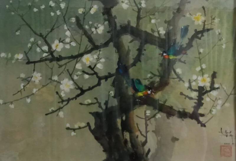 Tranh thủy mặc Xuân ríu rít, giấy dó 50x70 cm