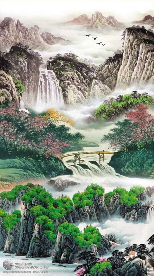 Tranh Thủy Mạc Sơn Thủy Mùa Xuân Đẹp Với Chất Lượng Tốt