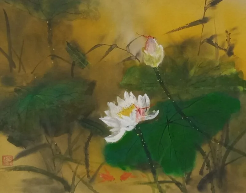 Tranh thủy mặc Bạch Liên, màu mực trên giấy dó 55x75 cm