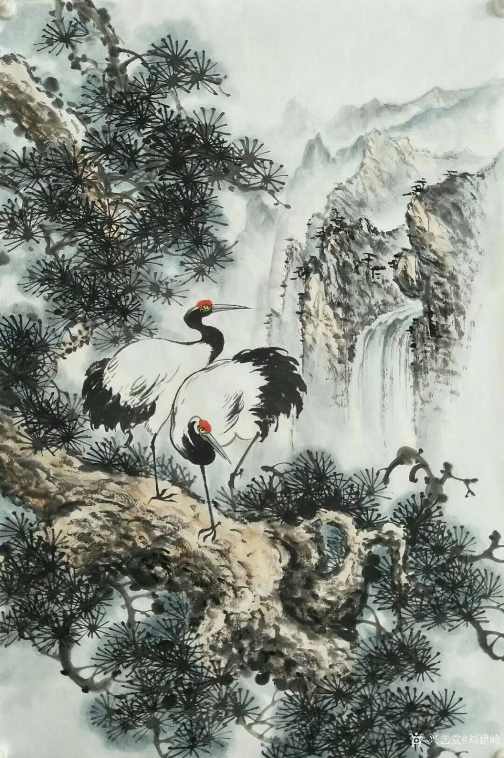 tranh thủy mặc chim hạc và núi rừng