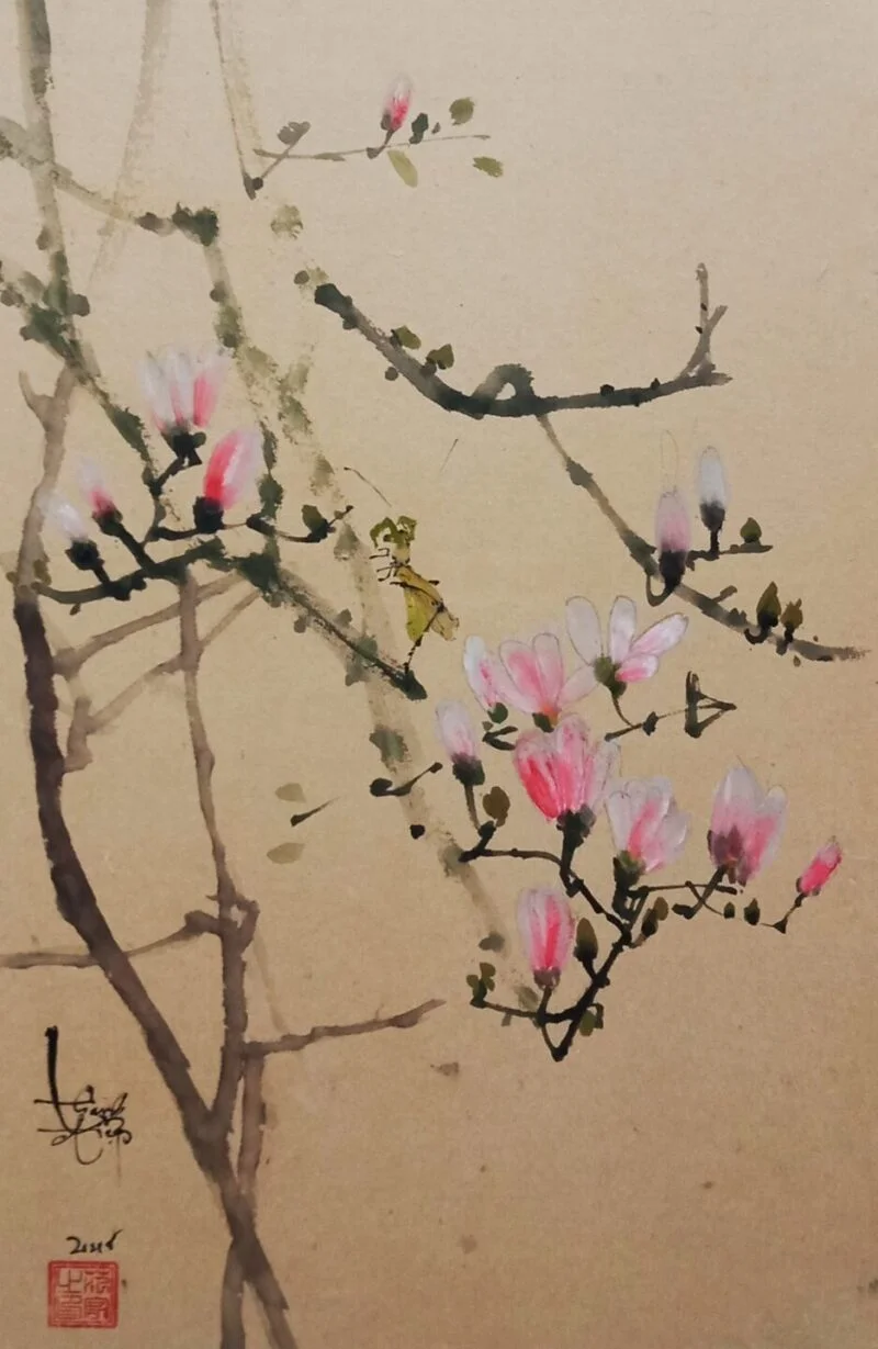 Tranh thủy mặc Hoa mộc lan, giấy dó 40x60 cm