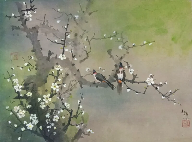 Tranh hoa Xuân đến, giấy dó 60x80 cm