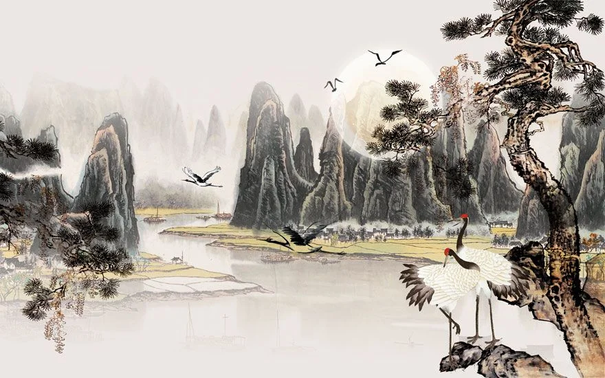 tranh thủy mặc phong cảnh núi non và chim hạc