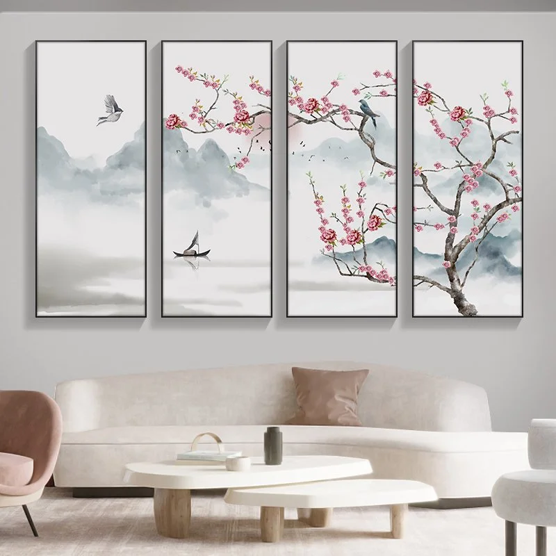 Bộ tranh thủy mặc treo tường phòng khách phong cách Á Đông hiện đại