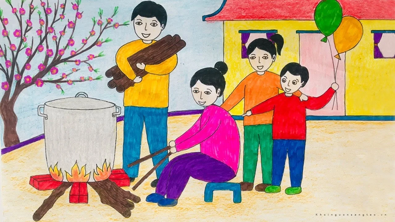 vẽ tranh ngày tết gia đình quây quần nấu bánh chưng truyền thống bên hoa đào