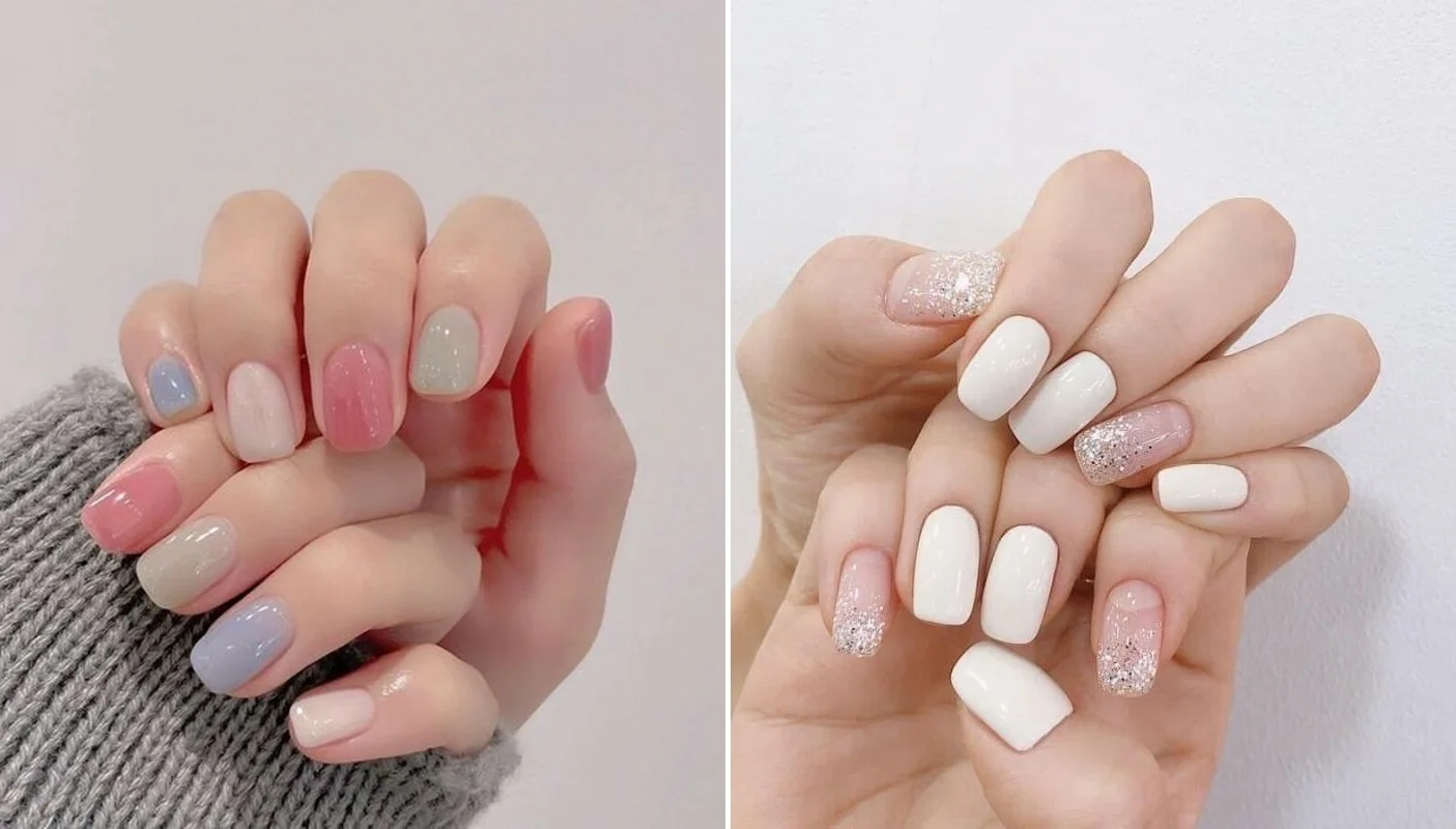 Tổng hợp các mẫu móng tay đẹp, sang trọng với tông màu pastel và nhũ kim tuyến.
